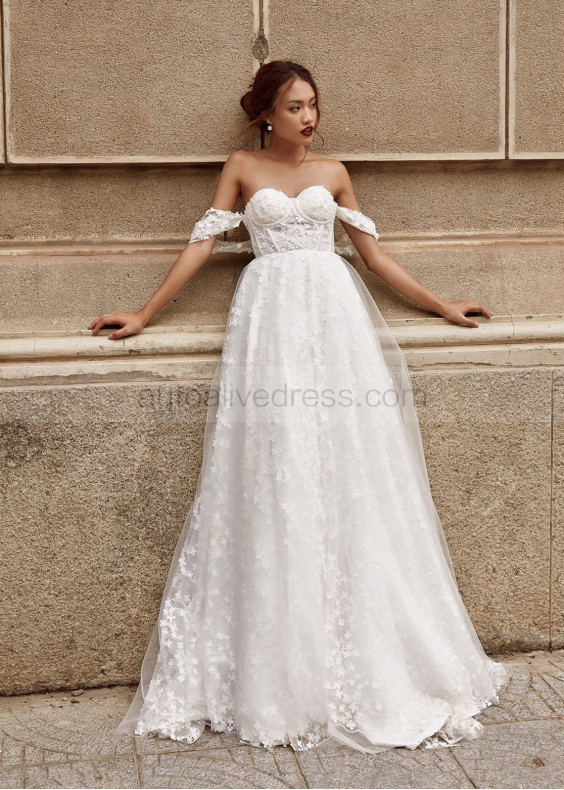 Off Shoulder Sweetheart Neck Beaded Ivory Lace Wedding Dress